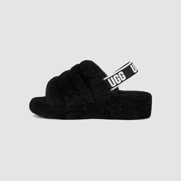 UGG Fluff Yeah Slide On Slippers Black Sherpa Slingback Plush Womens Size 11 🖤