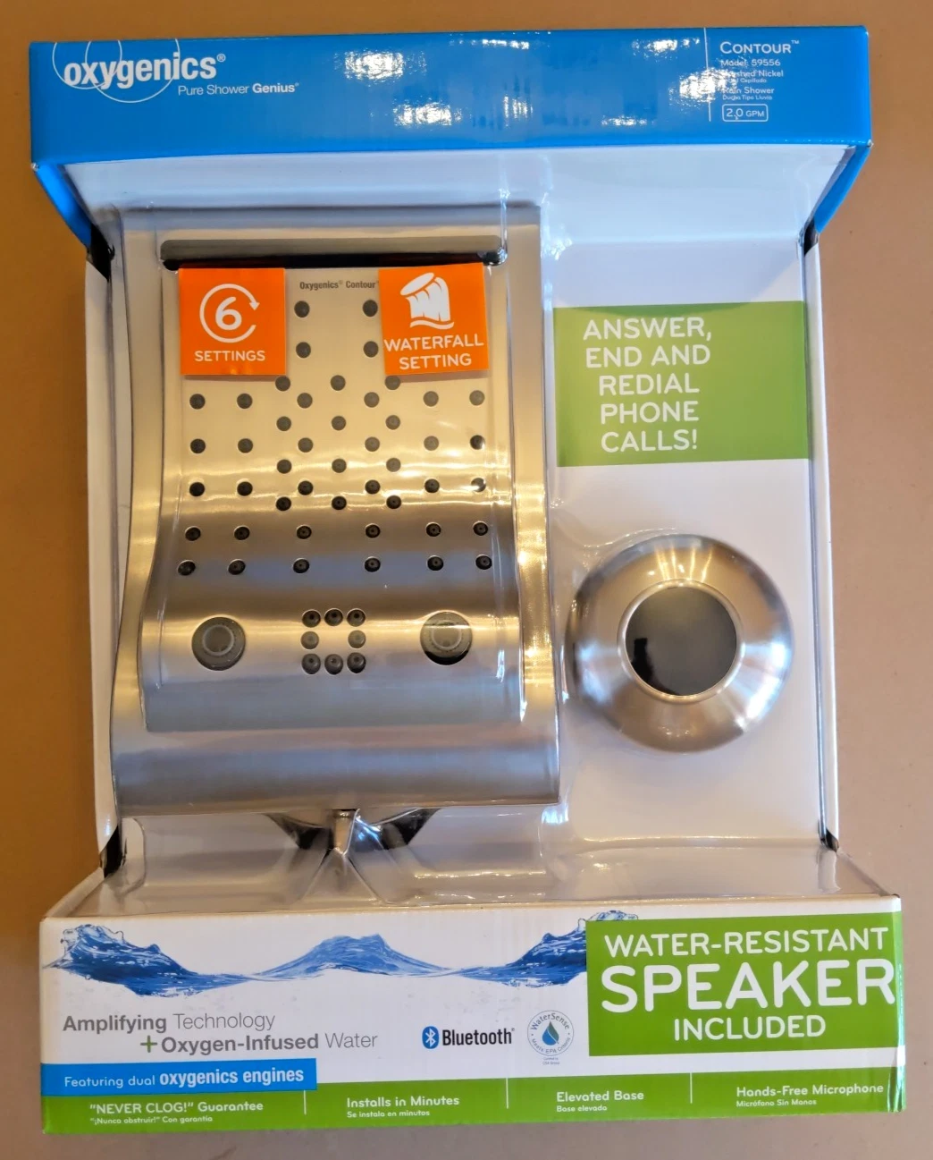 Oxygenics Brushed Nickel Contour 6-Setting Rainfall Shower Head + Bluetooth NEW