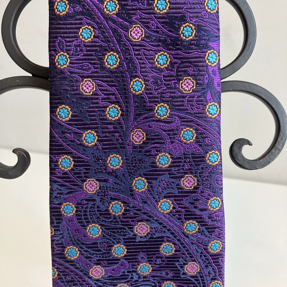 Holland & Sherry 男式丝绸领带紫色粉红色蓝绿色 60.5x3.75 英寸 — 第 2/3 张图片