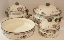 Vintage M. KAMENSTEIN, INC Enamel Floral Brass Handles  7 Piece Set