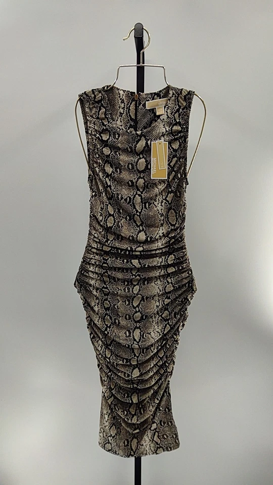 Michael Kors Printed Long Sleeve Ruched Midi Sheath Dress XS