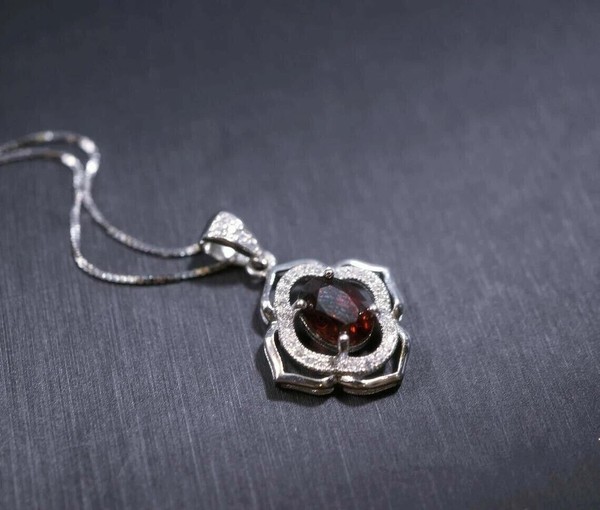Alternate view of Oval Cut Simulated Red Garnet Women's Amulet Pendant 14k White Gold Plated