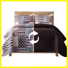 3PC Patchwork Quilted Coverlet Set, Cal King, Plaid Brown