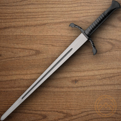 The Wardens Edge Sword Satin Spring Steel Blade Black Leather Wrapped Handle