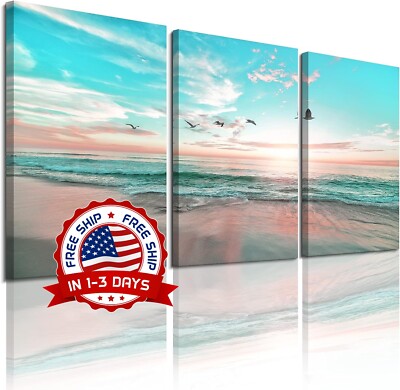 Arte de la pared de la puesta del sol de la playa del océano, 3 PCS, 12''x16'' NEW