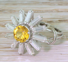 Canary Yellow Single Round Cut 1.50CT Citrine With 2.00CT White CZ Flower Ring