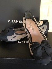 Chanel 09P VINTAGE CC LOGO ECRU BLACK BOW BALLERINAS FLATS BOX EU38 US7.5-7