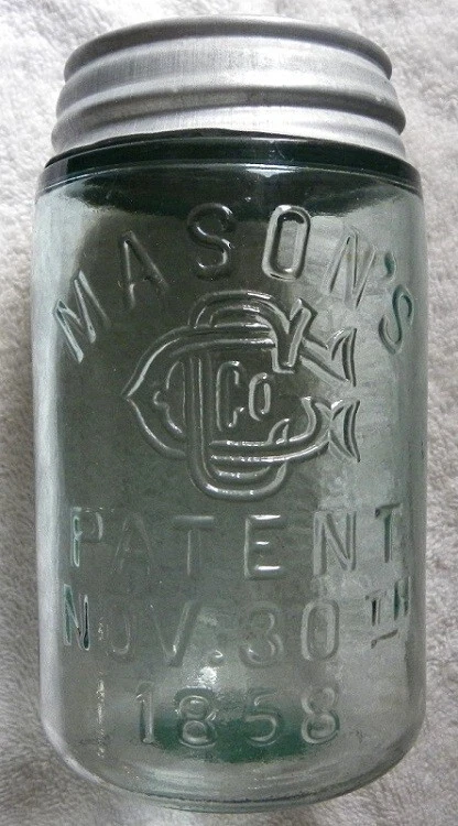 Vintage Mason's CG Co. Patent Nov. 30th, 1858 Aqua Pint Glass Jar, Zinc Lid