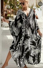 NEW Silky Maxi Dress BOHO Black & White Flowy Design O/S Kimono Wrap Robe