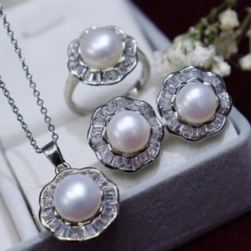 Gorgeous AAAA 8-9mm South Sea White Stud Pearl Pendant &earring&ring Set 925s.