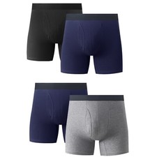4PK Mens Cotton Boxer Briefs Underwear Tagless Soft Comfort Waistband With Fly
