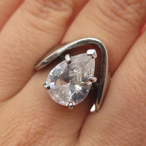 925 Sterling Silver Vintage Pear-Cut C Z Modernist Wavy Oxidized Ring Size 7
