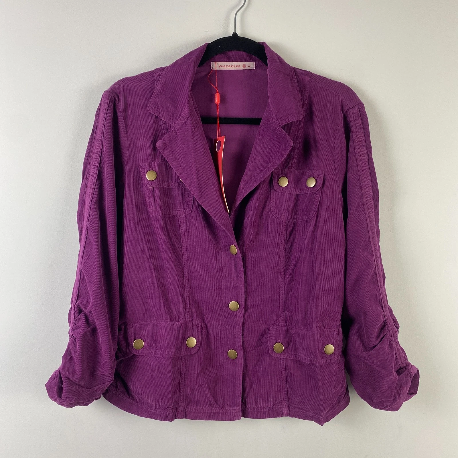 XCVI Wearables Folksy Corduroy Jacket Size Large Purple Ruched 3/4 Sleeves