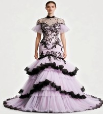Gorgeous Lilac Mermaid Prom Dresses Short Sleeves Tiered Balck Lace Evening Gown