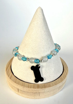 Dog Bone Bracelet Teal Blue White Beaded Stretch Pet Lover Charm Cute Gift
