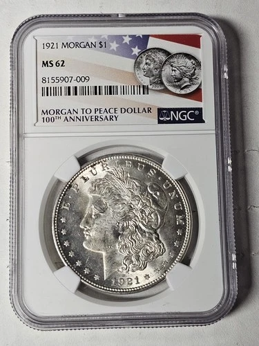 1921 NGC MS62 Morgan Silver Dollar  100TH ANNIVERSARY  Flag Label