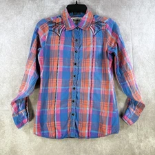 ROAR Western Shirt Women Medium Plaid Embroidery Rhinestones Button Distressed