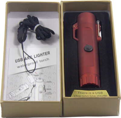 Dual Arc Plasma Electric Flameless USB Waterproof Lighter LED Flashlight Compass