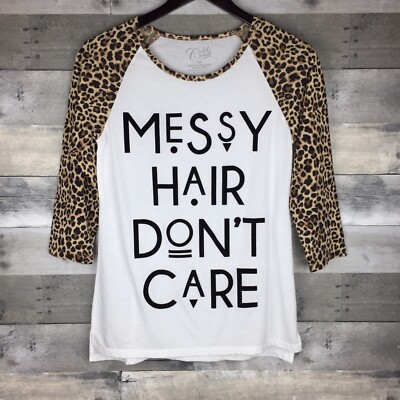 Women's Raglan Tee Size M 'Messy Hair Don't Care' Spellout 3/4 Leopard Sleeves