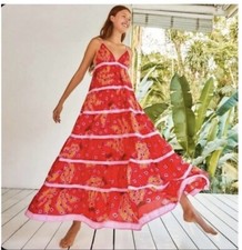 Farm Rio Red Tiki Bananas Maxi Tiered Dress Size M