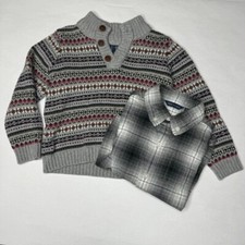 Janie and Jack Classic Grey Heather Fair Isle Sweater Fannel Shirt bundle