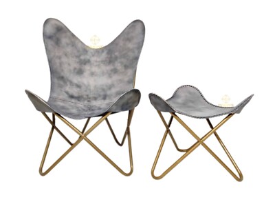 Butterfly Chair Handgefertigt Echtes Leder Mit Hocker BKF Grau