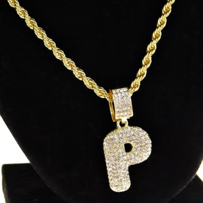 Bubble Letter P Initial Pendant Gold Plated Simulated CZ Rope