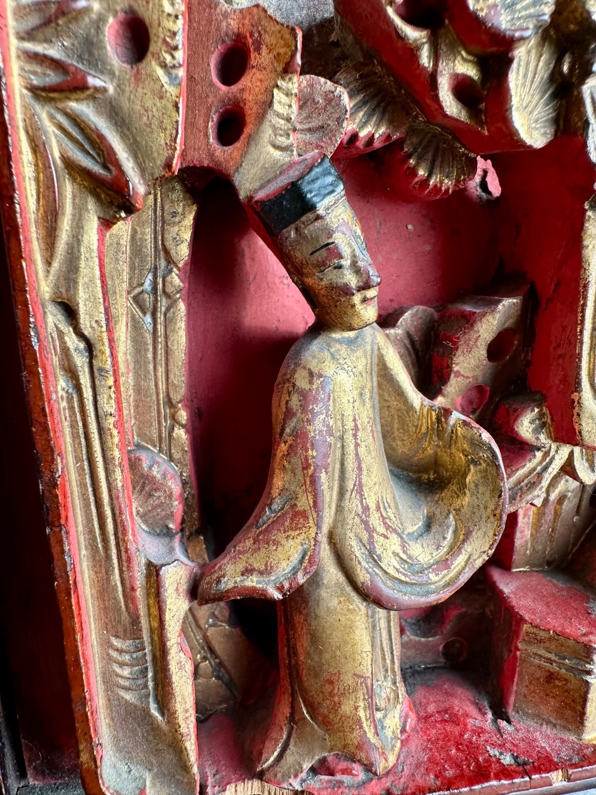 2 Antique Chinese Red & Gilt Wooden Deep Carved Panel Wood 19th Century