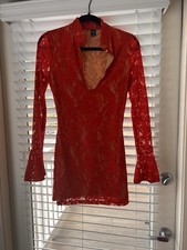 Guess Women's Bodycon Mini Dress - Red Lace, Long Bell Sleeve, V-Neck, Sheer