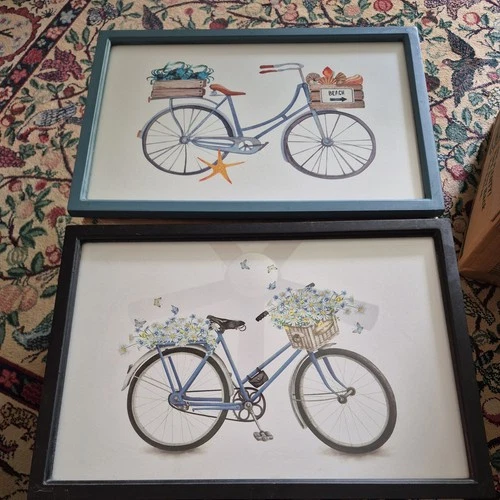 Lot of 2. Framed Bicycle Art  19 x 13 inches  Beach,  Daisies, Blue,  Blue, Crab