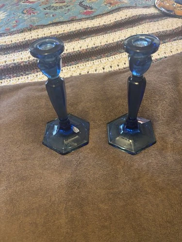Pair of Fenton cobalt blue tapered glass candle holders