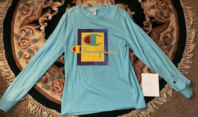 #ad Retro Champion Blue Graphic Print Logo Long Sleeve Crew Neck Men#x27;s T Shirt M $13.68