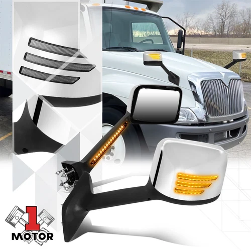 Chrome LED Sequential Signal Hood Mirror for 18-22 International Harvester HV/MV