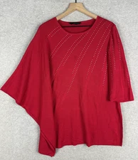Ming Wang Sweater Womens Large Red Knit Rhinestone Pullover Poncho