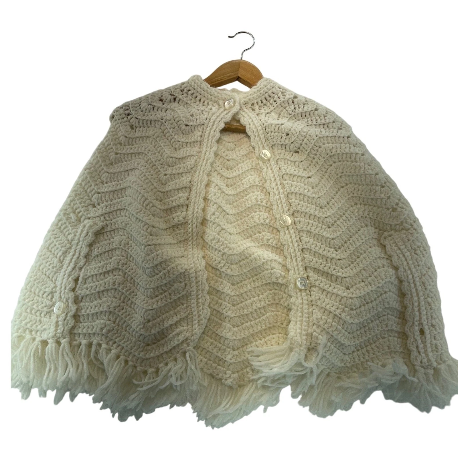 Vintage Crochet Capelet Shawl with Fringe & Buttons, Ivory Knit Poncho Cover Up