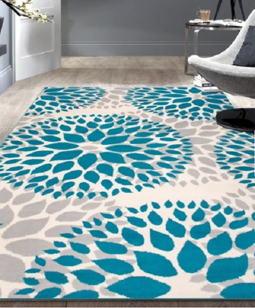 Modern Circles Cream Floral Area Rug Transitional Casual Style 2' x 7'2" Blue  - Image 4 of 4