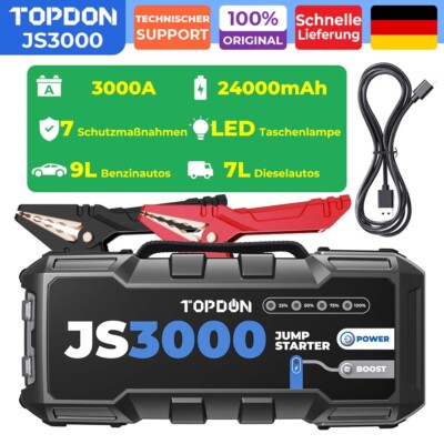 TOPDON JS3000 3000A Auto Starthilfe Booster Powerbank Jump Starter diesel LED DE