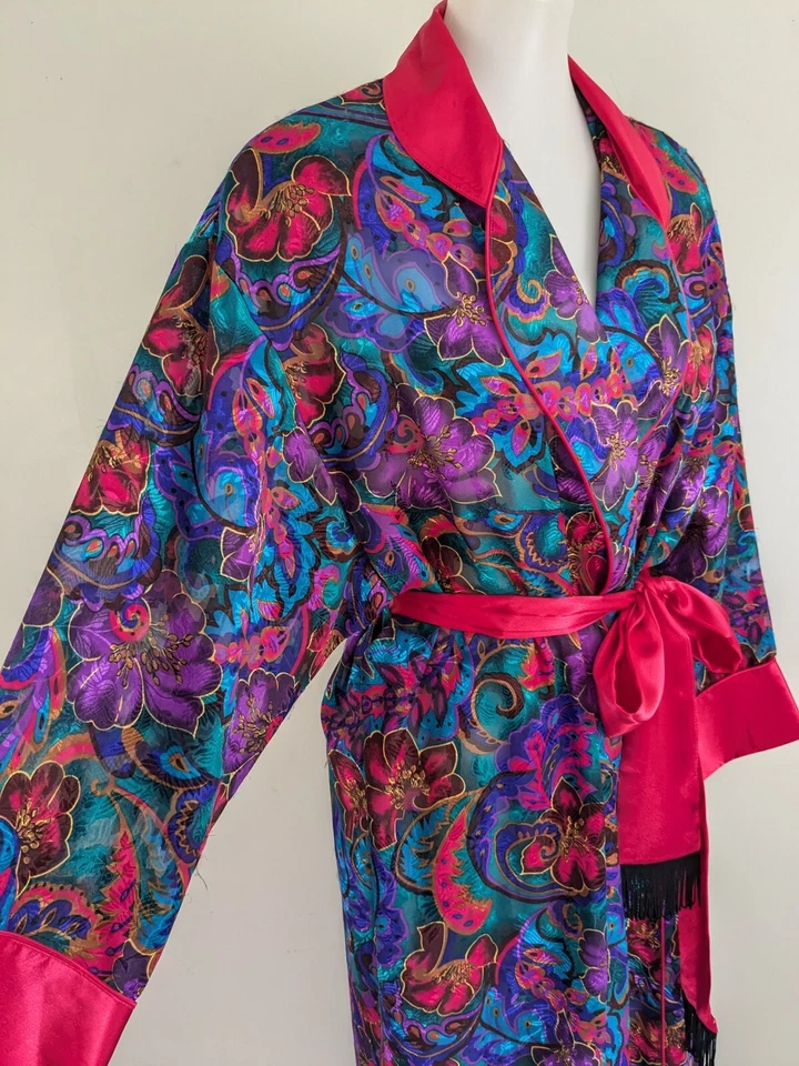 Vtg 90s Victorias Secret Satin Robe Dressing Gown M L Elegant Jewel Tones Belt  - Image 2 of 4
