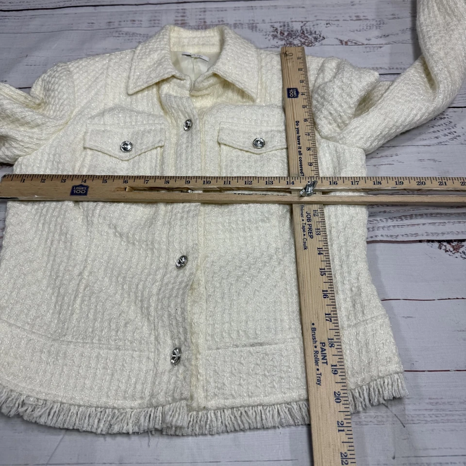 缓存白色粗花呢编织西装外套水钻纽扣短条纹衬里尺寸 4 — 第 3/4 张图片