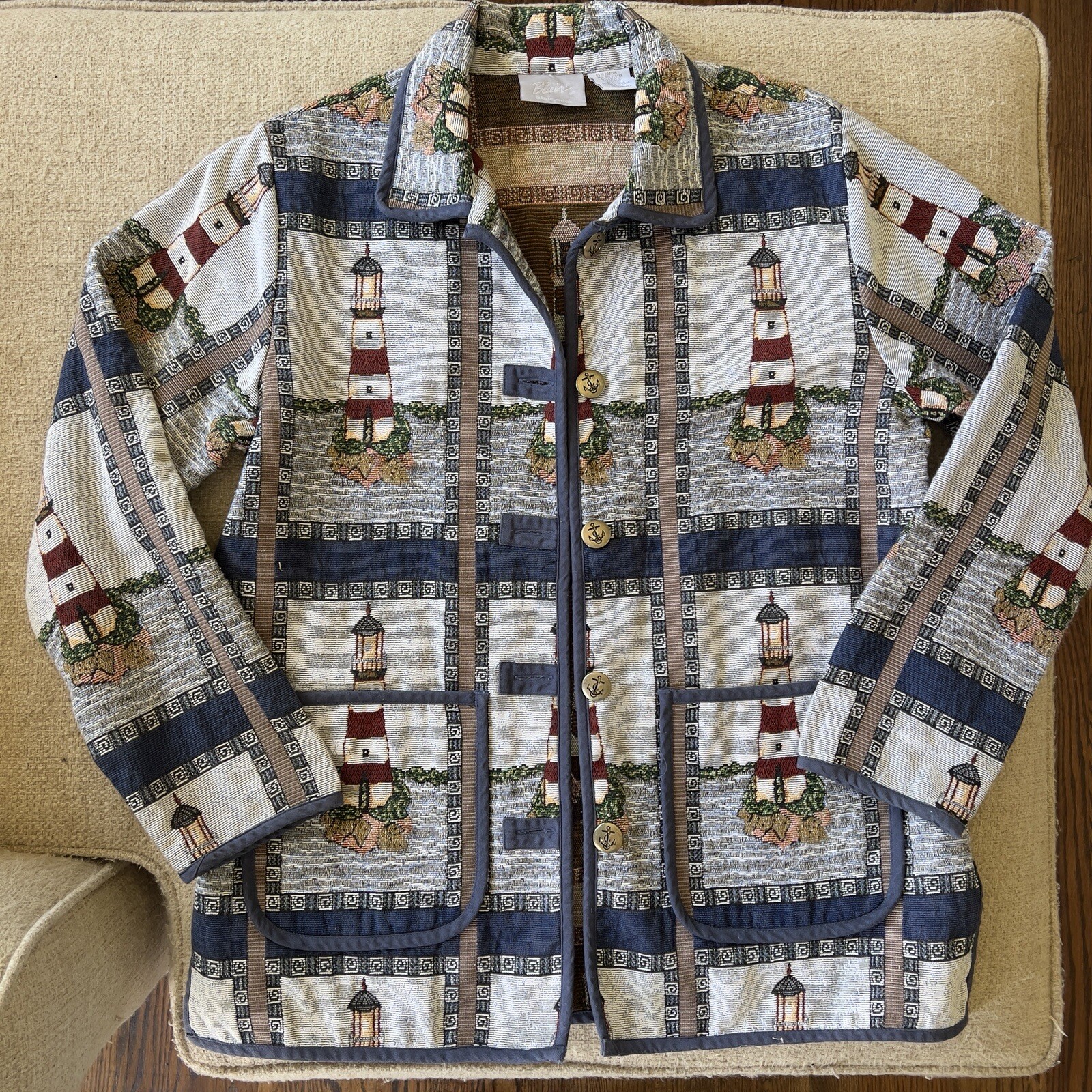 Blair Tapestry Coat Jacket Womens Med Lighthouse Sailboat Nautical Theme Woven