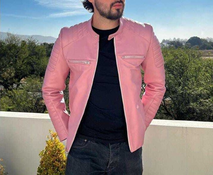 Mens Pink Leather Jacket Pure Lambskin Biker Moto Racer Size S M L XL XXL  3XL