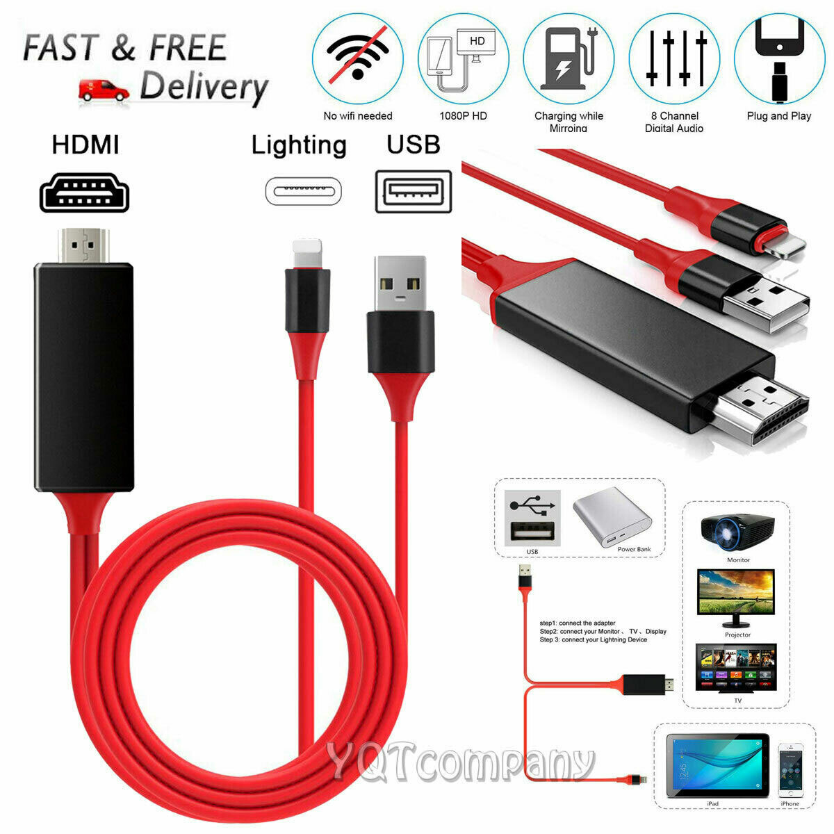 HDMI Mirroring Cable Phone to HDTV AV Adapter For iPhone 11/12/13