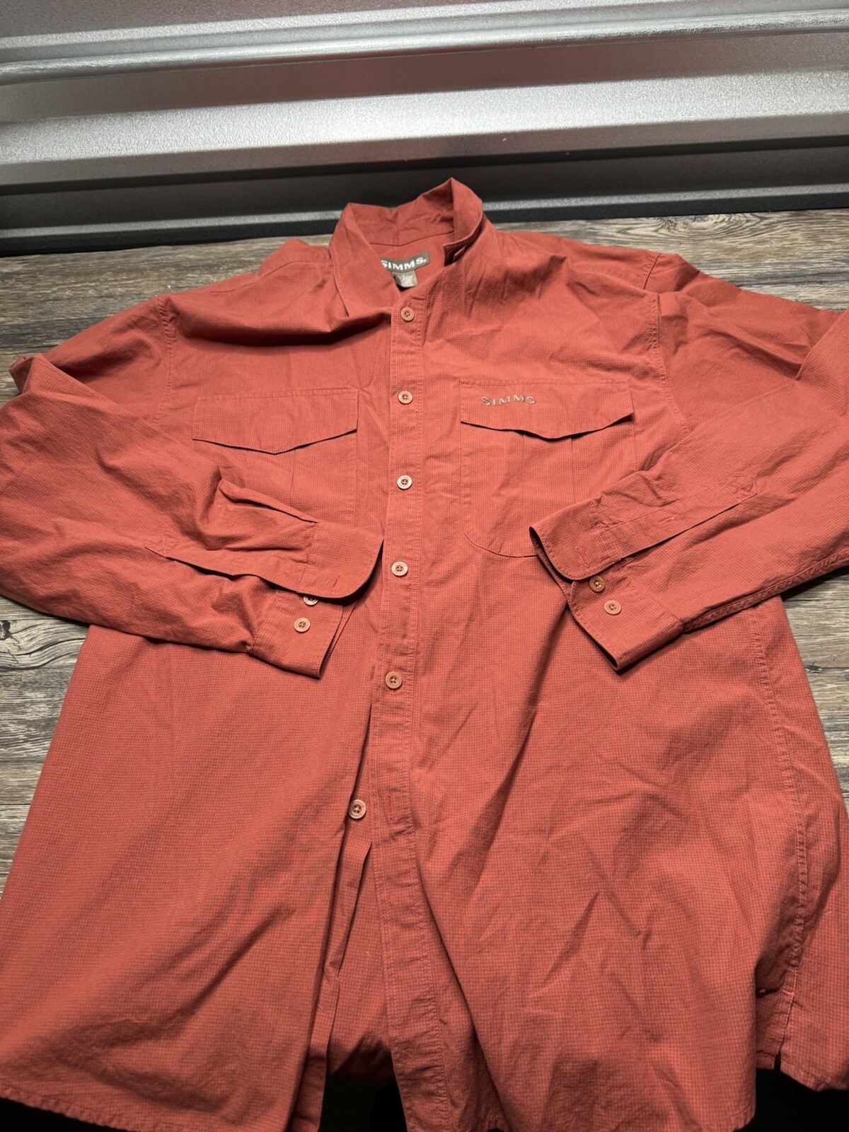 Simms Flannel Shirt Red Orange Weather  Button Up Fishing Men's Large-image