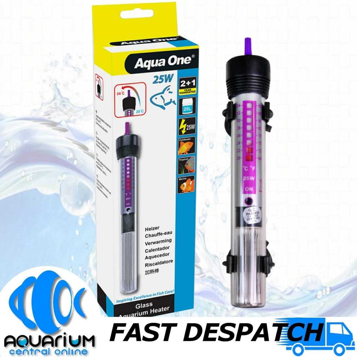 Aqua One Submersible Aquarium Fish Tank Water Glass Heater 25w 2 Year Guarantee