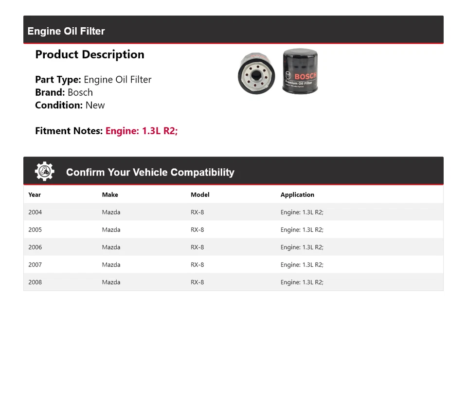 Filtro de aceite premium Bosch 2005 2006 2007 para Mazda RX-8 2004-2008 1,3 L R2 Foto 2 de 3