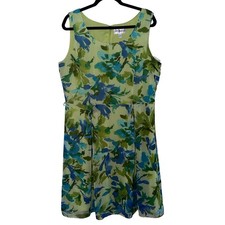 Y2K Calico Floral Flowy Dress Women 16 XL Green Blue Watercolor Chiffon Feminine