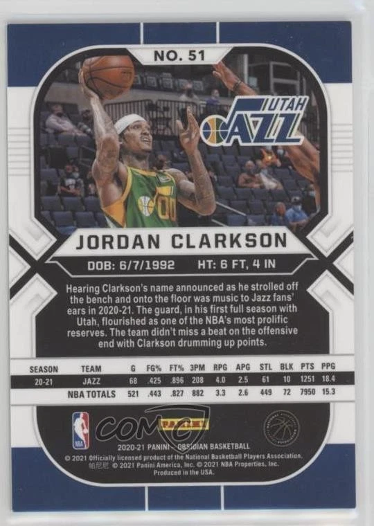 2020-21 Panini Obsidian Electric Etch Green Flood Jordan Clarkson #51 - Image 2 of 2