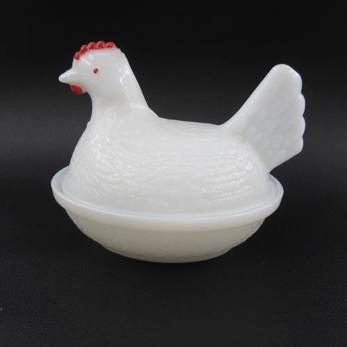 Small Antique White Opaque Milk Glass Hen On Nest Chicken Covered Dish 4" Long