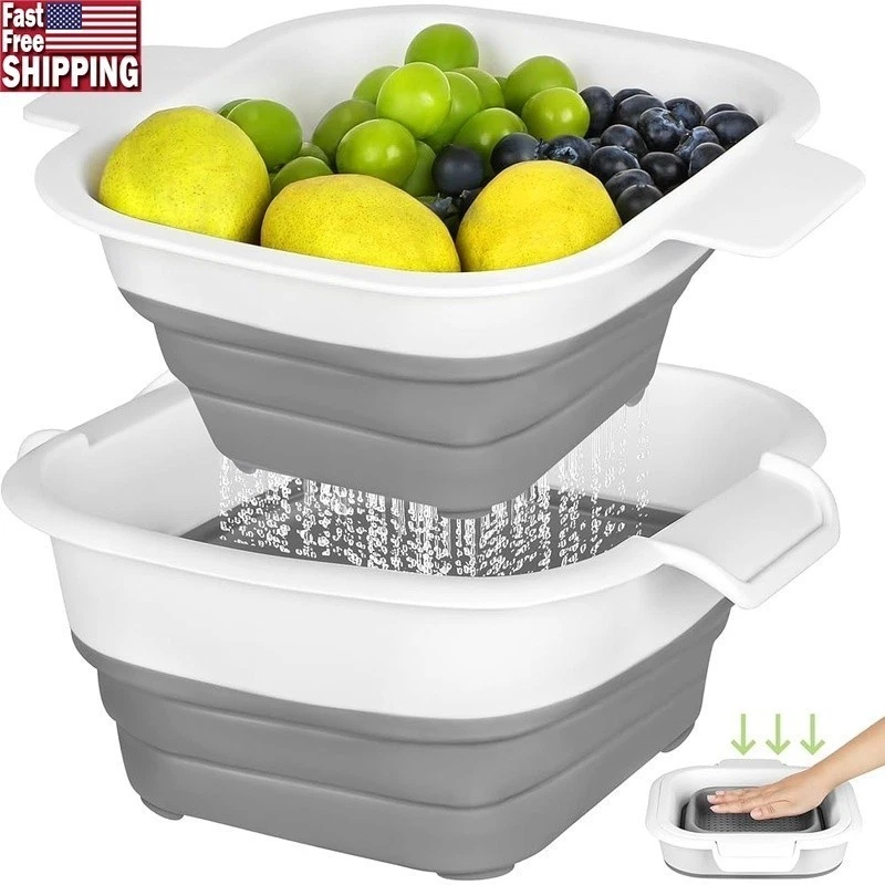 2 in 1 Collapsible Colander Strainer Set Kitchen Fruit Vegetable Drainage New