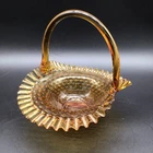 Vintage Large 10” Fenton Honey Amber Hobnail Ruffled Basket With Handle